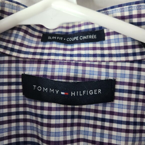Tommy Hilfiger Mens Dress Shirt Slim Fit 15.5 34/35 Blue White Plaid 100% Cotton - Picture 3 of 7